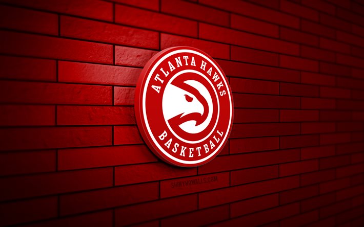 logotipo 3d de atlanta hawks, 4k, pared de ladrillo rojo, nba, baloncesto, logotipo de atlanta hawk, equipo de baloncesto estadounidense, logotipo deportivo, atlanta hawk