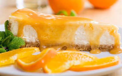 portakallı cheesecake, 4k, unlu mamüller, portakal, narenciye, cheesecake, tatlılar, cheesecake tarifleri, cheesecake parçası