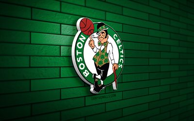 ボストン・セルティックスの 3d ロゴ, 4k, 緑のブリックウォール, nba, バスケットボール, ボストン・セルティックスのロゴ, アメリカのバスケットボールチーム, スポーツのロゴ, ボストン・セルティックス
