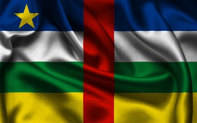 drapeau de la république centrafricaine, 4k, les pays africains, les drapeaux de satin, le drapeau de la république centrafricaine, le jour de la république centrafricaine, les drapeaux de satin ondulés, les symboles nationaux de la rca, l afrique, la république centrafricaine