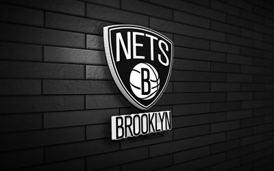 logo brooklyn nets 3d, 4k, mur de briques noir, nba, basket-ball, logo brooklyn nets, équipe américaine de basket-ball, logo de sport, brooklyn nets