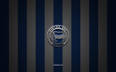 hertha bsc logosu, alman futbol kulübü, bundesliga, mavi beyaz karbon arka plan, hertha bsc amblemi, futbol, hertha bsc, almanya, hertha bsc gümüş metal logo