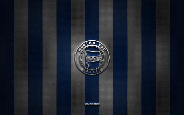 logotipo de hertha bsc, club de fútbol alemán, bundesliga, fondo de carbono blanco azul, emblema de hertha bsc, fútbol, hertha bsc, alemania, logotipo de metal plateado de hertha bsc