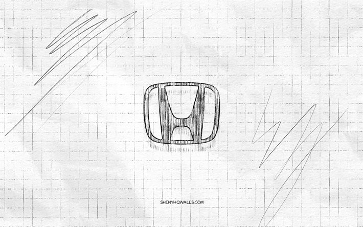 Honda sketch logo, 4K, checkered paper background, Honda black logo, cars brands, logo sketches, Honda logo, pencil drawing, Honda