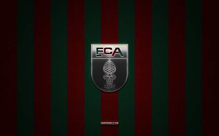 fc augsburg logosu, alman futbol kulübü, bundesliga, kırmızı beyaz karbon arka plan, fc augsburg amblemi, futbol, fc augsburg, almanya, fc augsburg gümüş metal logo