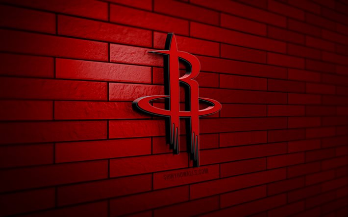 ヒューストン・ロケッツの 3d ロゴ, 4k, 赤レンガの壁, nba, バスケットボール, ヒューストン・ロケッツのロゴ, アメリカのバスケットボールチーム, スポーツのロゴ, ヒューストン・ロケッツ
