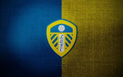 Leeds United badge, 4k, blue yellow fabric background, Premier League, Leeds United logo, Leeds United emblem, sports logo, Leeds United flag, italian football club, Leeds United, soccer, football, Leeds United FC