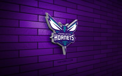 charlotte hornets 3d-logo, 4k, violette ziegelwand, nba, basketball, charlotte hornets-logo, amerikanisches basketballteam, sportlogo, charlotte hornets