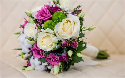 4k, bouquet de mariage, roses blanches, bouquet de la mariée, roses violettes, concepts de mariage, roses, fond d invitation de mariage