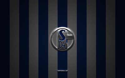 fc schalke 04 logo, squadra di calcio tedesca, bundesliga, bianco blu sullo sfondo di carbonio, fc schalke 04 emblema, calcio, fc schalke 04, germania, fc schalke 04 logo in metallo argento