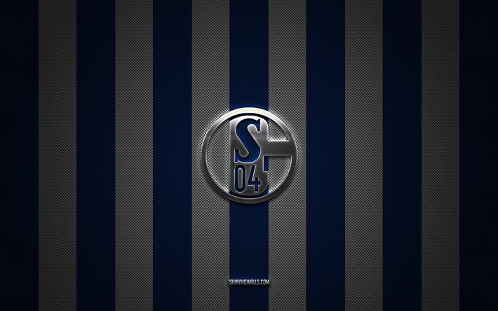 fc schalke 04 logo, squadra di calcio tedesca, bundesliga, bianco blu sullo sfondo di carbonio, fc schalke 04 emblema, calcio, fc schalke 04, germania, fc schalke 04 logo in metallo argento