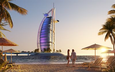 burj al arab, dubaï, soirée, coucher de soleil, émirats arabes unis, hôtel de luxe, gratte-ciel de dubaï, paysage urbain de dubaï