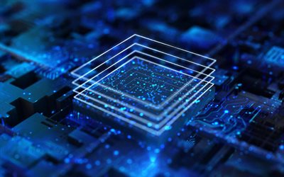 4k, chip, fondo de tecnología azul, microchip, chip 3d, luz de neón azul, placa base, tecnología moderna