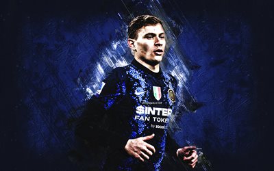 Nicolo Barella, Inter Milan, Italian football player, portrait, blue stone background, FC Internazionale, Serie A, Italy, football