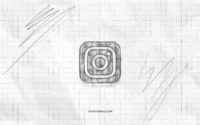 logotipo de boceto de instagram, 4k, fondo de papel a cuadros, logotipo negro de instagram, redes sociales, bocetos de logotipo, logotipo de instagram, dibujo a lápiz, instagram