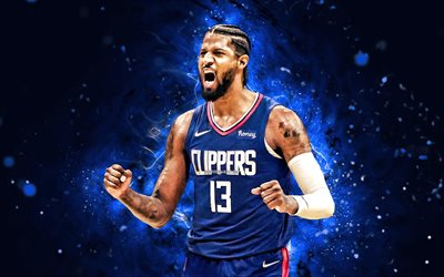 Paul George, 4k, blue neon lights, Los Angeles Clippers, NBA, basketball, Paul George 4K, blue abstract background, Paul George Los Angeles Clippers, LA Clippers
