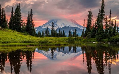 4k, Mount Rainier, crimson sunset, lakes, american landmarks, volcano, Mount Rainier National Park, sunset, Washington, USA, America, beautiful nature, mountains