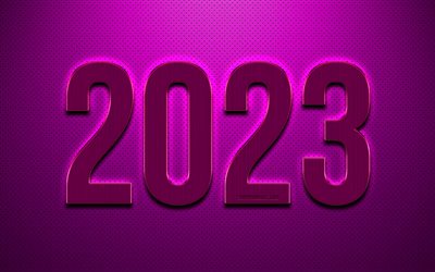 Happy New Year 2023, 4k, purple 2023 background, 2023 concepts, purple leather texture, 2023 3d inscription, 2023 greeting card, 2023 metal background, 2023 Happy New Year