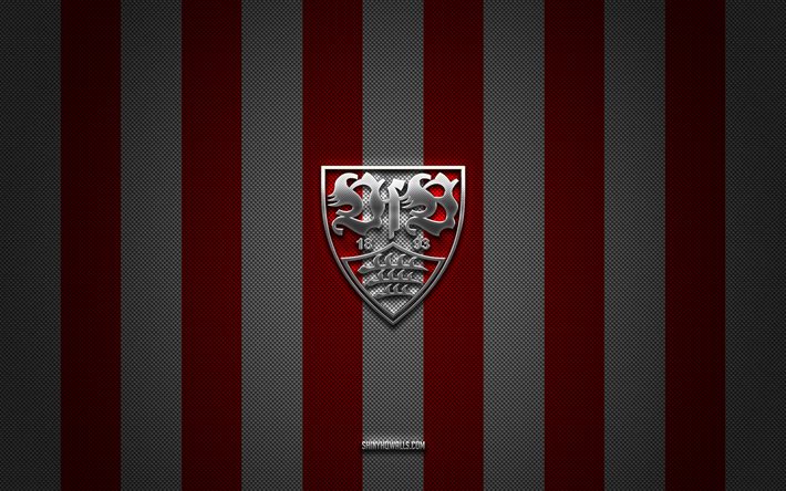 logotipo del vfb stuttgart, club de fútbol alemán, bundesliga, fondo de carbono blanco rojo, emblema del vfb stuttgart, fútbol, vfb stuttgart, alemania, logotipo de metal plateado del vfb stuttgart