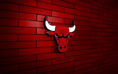 logotipo 3d de los chicago bulls, 4k, pared de ladrillo rojo, nba, baloncesto, logotipo de los chicago bulls, equipo de baloncesto estadounidense, logotipo deportivo, chicago bulls