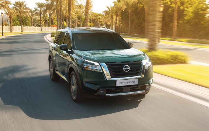 2022, Nissan Pathfinder, 4k, front view, exterior, green SUV, green Nissan Pathfinder, new Pathfinder 2023, japanese cars, Nissan