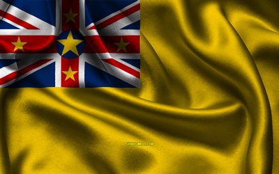 bandiera di niue, 4k, paesi dell oceania, bandiere di raso, giorno di niue, bandiere di raso ondulate, simboli nazionali di niue, oceania, niue