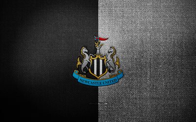 Newcastle United FC badge, 4k, black white fabric background, Premier League, Newcastle United logo, Newcastle United emblem, sports logo, Newcastle United flag, italian football club, Newcastle United, soccer, football, Newcastle United FC