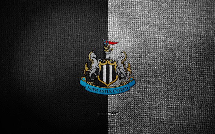 Newcastle United FC badge, 4k, black white fabric background, Premier League, Newcastle United logo, Newcastle United emblem, sports logo, Newcastle United flag, italian football club, Newcastle United, soccer, football, Newcastle United FC