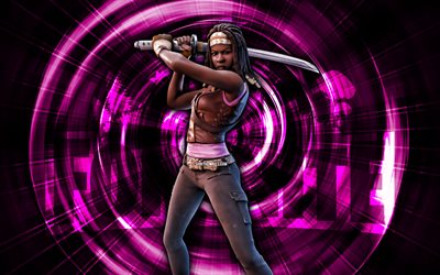 michonne, 4k, violet fond abstrait, fortnite, rayons abstraits, michonne skin, fortnite michonne skin, fortnite personnages, michonne fortnite