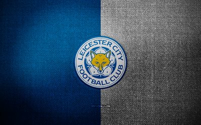 Leicester City FC badge, 4k, blue white fabric background, Premier League, Leicester City FC logo, Leicester City FC emblem, sports logo, Leicester City FC flag, italian football club, Leicester City, soccer, football, Leicester City FC