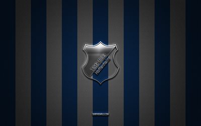TSG 1899 Hoffenheim logo, German football club, Bundesliga, blue white carbon background, TSG 1899 Hoffenheim emblem, football, TSG 1899 Hoffenheim, Germany, TSG 1899 Hoffenheim silver metal logo