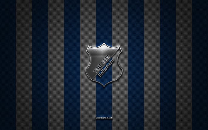 شعار tsg 1899 hoffenheim, نادي كرة القدم الألماني, الدوري الالماني, خلفية الكربون الأبيض الأزرق, tsg 1899 شعار هوفنهايم, كرة القدم, tsg 1899 هوفنهايم, ألمانيا, tsg 1899 شعار هوفنهايم المعدني الفضي