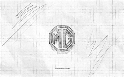 logo de croquis mg, 4k, fond de papier à carreaux, logo noir mg, marques de voitures, croquis de logo, logo mg, dessin au crayon, mg
