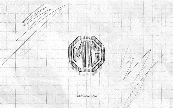 mg スケッチ ロゴ, 4k, 市松模様の紙の背景, mgブラックロゴ, 車のブランド, ロゴスケッチ, mgロゴ, 鉛筆画, mg