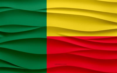 4k, Flag of Benin, 3d waves plaster background, Benin flag, 3d waves texture, Benin national symbols, Day of Benin, African countries, 3d Benin flag, Benin, Africa