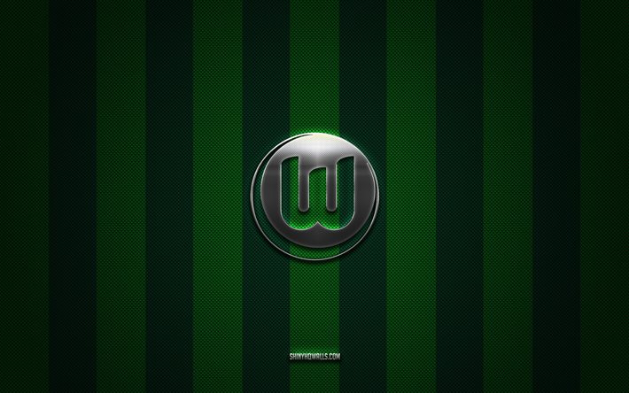 شعار vfl wolfsburg, نادي كرة القدم الألماني, الدوري الالماني, خلفية الكربون الأخضر, كرة القدم, فولفسبورج في إف إل, ألمانيا, شعار vfl wolfsburg المعدني الفضي