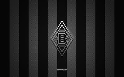 borussia mönchengladbach-logo, deutscher fußballverein, bundesliga, schwarz-weißer kohlenstoffhintergrund, borussia mönchengladbach-emblem, fußball, borussia mönchengladbach, deutschland, borussia mönchengladbach-silbermetalllogo