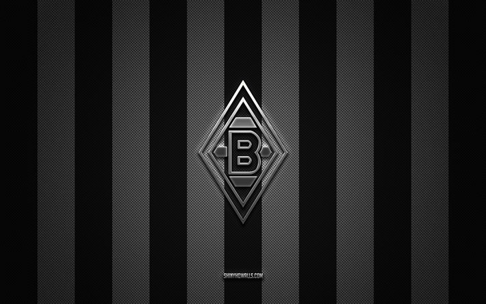 borussia mönchengladbach logo, alman futbol kulübü, bundesliga, siyah ve beyaz karbon arka plan, borussia mönchengladbach amblemi, futbol, borussia mönchengladbach, almanya, borussia mönchengladbach gümüş metal logo