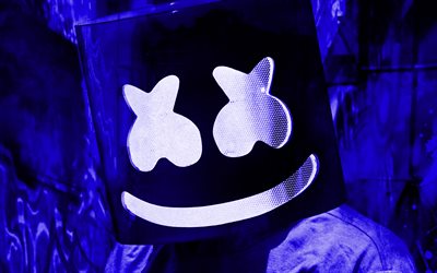 marshmello máscara, 4k, azul oscuro fondos abstractos, christopher comstock, superestrellas, american dj, marshmello, djs, abstract marshmello, estrellas de la música, marshmello 4k, dj marshmello