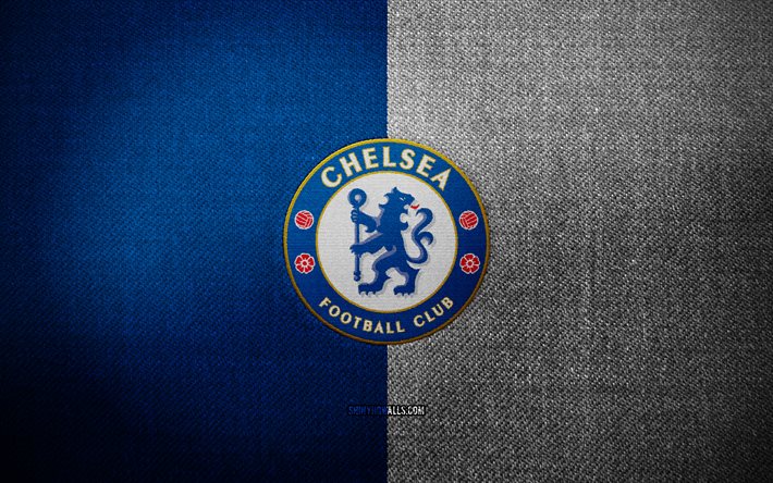 Chelsea FC badge, 4k, blue white fabric background, Premier League, Chelsea FC logo, Chelsea FC emblem, sports logo, Chelsea FC flag, italian football club, Chelsea, soccer, football, Chelsea FC