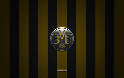 logotipo de borussia dortmund, club de fútbol alemán, bundesliga, fondo de carbono negro amarillo, emblema de borussia dortmund, fútbol, borussia dortmund, bvb, alemania, logotipo de metal plateado de borussia dortmund
