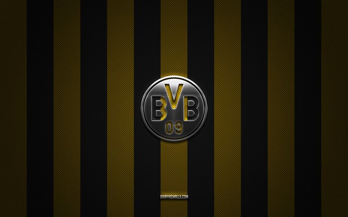 o borussia dortmund logo, clube de futebol alemão, bundesliga, amarelo carbono preto de fundo, borussia dortmund emblema, futebol, borussia dortmund, bvb, alemanha, borussia dortmund prata logotipo do metal