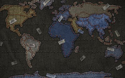 세계의 데님 지도, 4k, 대륙, 창의 세계 지도, 지구, 데님 질감, 데님 세계 지도, 아프리카, 유럽, 북아메리카, 유라시아, 호주, 바다 지도, 세계지도