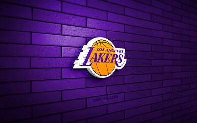 Los Angeles Lakers 3D logo, 4K, violet brickwall, NBA, basketball, Los Angeles Lakers logo, american basketball team, sports logo, Los Angeles Lakers, LA Lakers