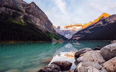Louise Lake, 4k, Alberta, evening, summer, canadian landmarks, mountains, Banff National Park, HDR, travel concepts, Canada, Banff