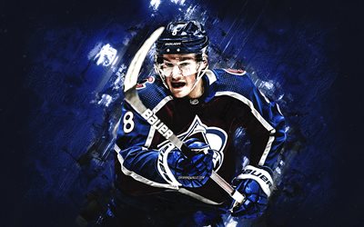 Cale Makar, Colorado Avalanche, NHL, Canadian hockey player, blue stone background, hockey, USA, National Hockey League