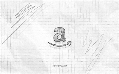 amazon-sketch-logo, 4k, karierter papierhintergrund, schwarzes amazon-logo, marken, logo-skizzen, amazon-logo, bleistiftzeichnung, amazon