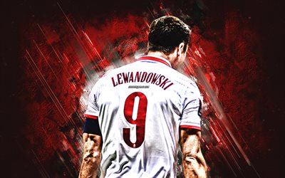 robert lewandowski, seleção polonesa de futebol, jogador de futebol polonês, atacante, polônia número 9, fundo de pedra vermelha, futebol, polônia