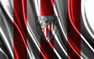 Athletic Bilbao logo, La Liga, red white silk texture, Athletic Bilbao flag, Spanish football team, Athletic Bilbao, football, silk flag, Athletic Bilbao emblem, Spain, Athletic Bilbao badge