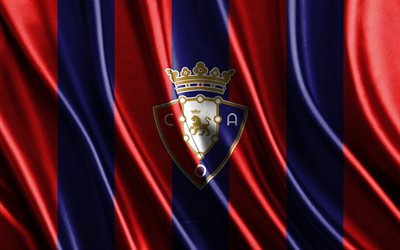 CA Osasuna logo, La Liga, red blue silk texture, CA Osasuna flag, Spanish football team, CA Osasuna, football, silk flag, CA Osasuna emblem, Spain, CA Osasuna badge